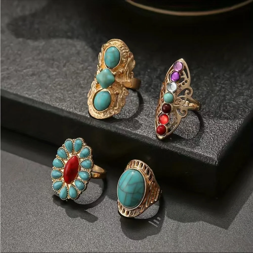 Boho Style Gold and Turquoise Stackable Ring Set